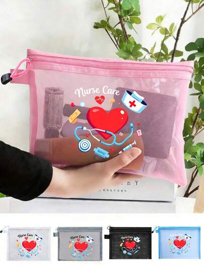 Bolsa de cosméticos de malla de nailon con tema de enfermera, bolsa de cosméticos portátil de uso múltiple, bolsa de maquillaje, bolsa de artículos de tocador, bolsa de viaje, bolsa esencial para dormitorio, el mejor regalo para el personal médico, regalo para mujeres con gráfico de estetoscopio, corazón, jeringa, termómetro, kit de primeros auxilios