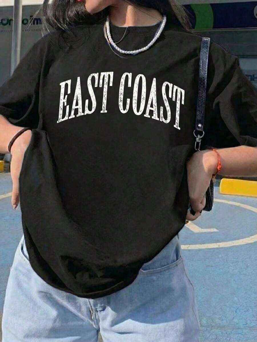 Women's Black 'East Coast' Print Short-Sleeved T-Shirt, Casual Round Neck, Regular Length, Loose Fit, Streetwear Style With Slight Stretch, Casual Blouses For Ladies, Women's Tops - 黑色 - 查看 1