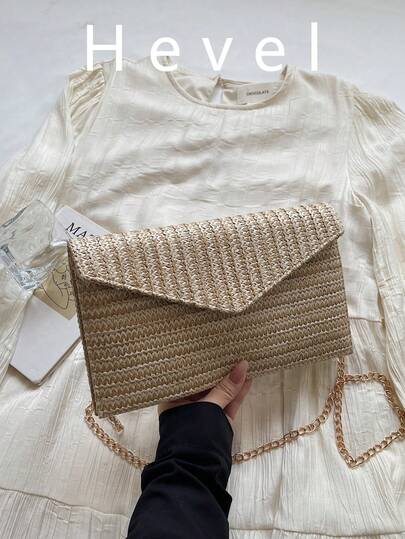 Hevel,1pc Square Shape Straw Woven Chain Strap Handbag, Versatile Fashion Accessory For Women, Summer, Woven Bag,Beach Bag,Cross Body Bag Women