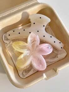 2pcs/Set White Polka Dot Hair Claw Clips And Pink-Yellow Tie Dye Daisy Flower Hair Clips, Fashion Versatile Elegant Minimalist Hair Accessories Suitable For Daily, Casual, Party, Beach, Vacation, Hairstyling, Washing Hair, Makeup, Outfit Accessories, Spring, Summer, Autumn, Winter - Multicolor - View 2