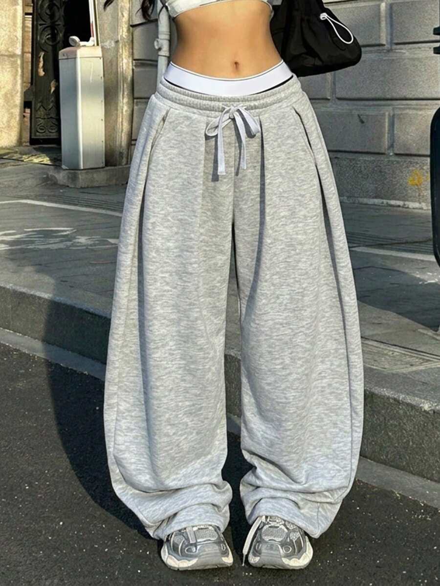 女士秋冬时尚简约系带宽松运动裤,休闲日常穿着,毕业季穿搭,返校季穿搭,女教师穿搭,开学季必备 - 灰色 - 查看 1