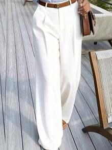 Pantalones de traje de mujer de cintura alta vintage, corte holgado, efecto drapeado, adecuados para otoño, apropiados para uso en la oficina en primavera - Blanco - Ver 4