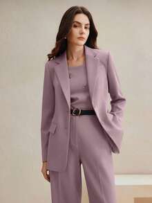 Conjunto de traje de mujer, blazer de unicolor estilo vintage + pantalones rectos, 2 piezas - Púrpura polvoriento - Ver 4