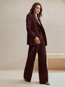 Conjunto de traje de mujer, blazer de unicolor estilo vintage + pantalones rectos, 2 piezas - Burdeos 2 - Ver 6