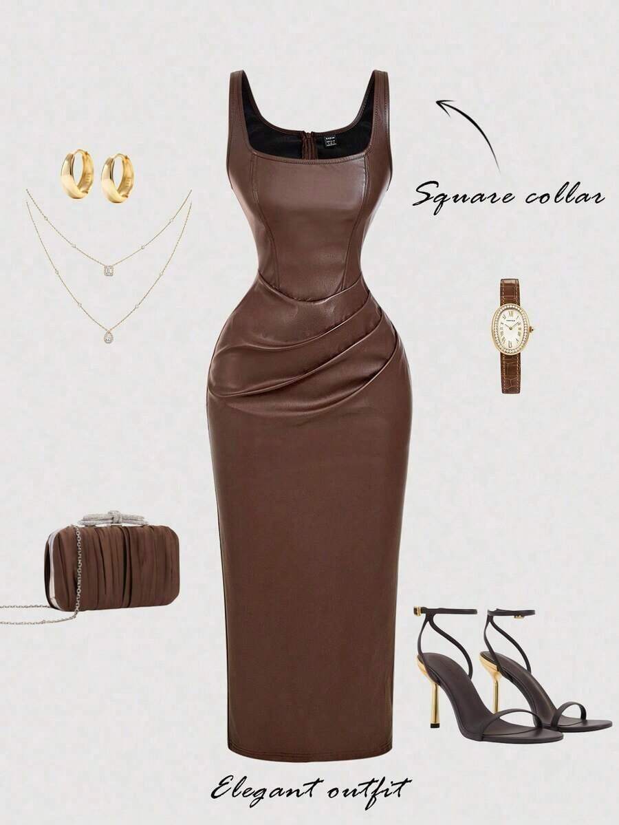 Women's Solid Color Sleeveless Fitted PU Dress, Suitable For Commuting - Marrón - Ver 1