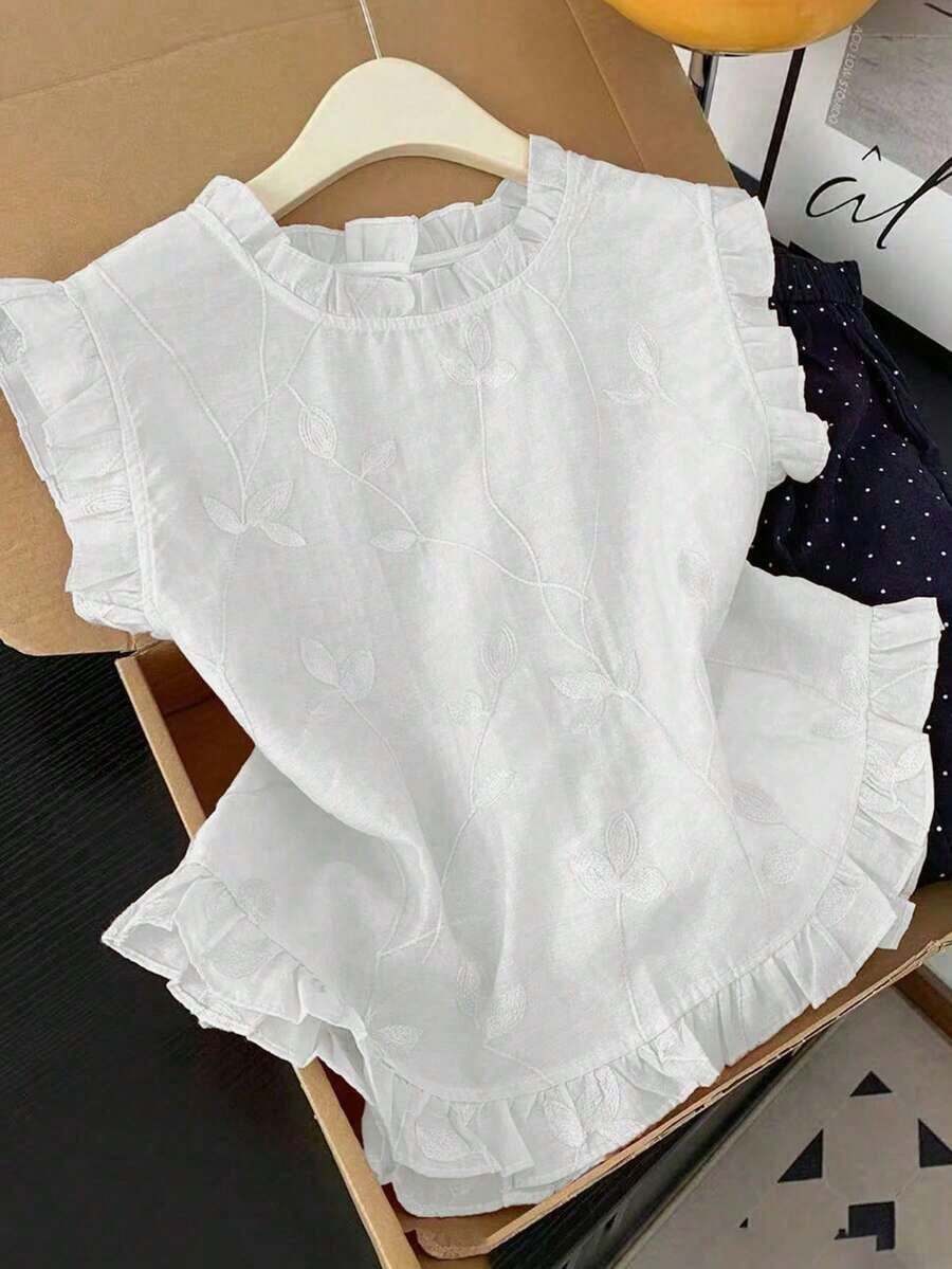 Camisa sin mangas de mujer con bordado y volantes - Blanco - Ver 1