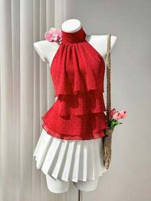 Blusa de cuello halter con volantes y estampado de lunares para mujer - Rojo - Ver 6