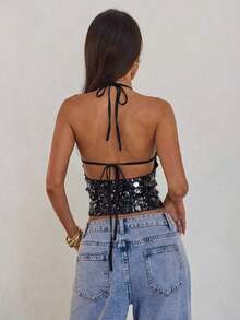 Nuevo camisol de tirantes finos con espalda descubierta y lentejuelas rosas para mujer, elegante y sexy, ideal para el Día de San Valentín, fiestas y viajes - Negro 2 - Ver 2