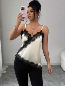 Camiseta de mujer de estilo francés elegante con contraste de color y encaje, con bajo asimétrico - Albaricoque - Ver 3