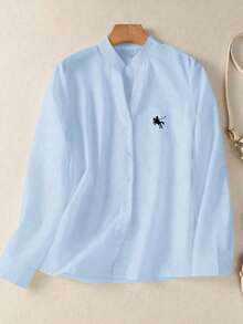 Camisa de mujer de unicolor con cuello en V y botones - Blusa casual y elegante de manga larga con detalle de bolsillo, adecuada para vacaciones, viajes y uso diario, artículo esencial para todas las estaciones, Primavera Blanco - Estampado del caballero azul - Ver 3