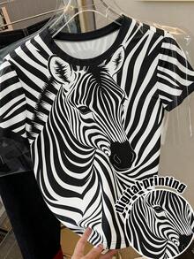 Camiseta de mujer de manga corta con cuello redondo y estampado de rayas casual - Multicolor 9 - Ver 5