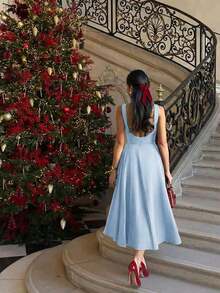 Elegante vestido maxi romántico francés con espalda descubierta, cintura ceñida y diseño calado, elegante y sexy, adecuado para Navidad, fiestas de vacaciones, citas de verano - Azul - Ver 2