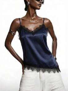 2026 Nueva Blusa Minimalista de Primavera para Mujer de Satén Color Albaricoque con Encaje, Elegante Camisola con Ribete de Encaje, Adecuada para Primavera/Verano; Camisa Elegante, Adecuada para Fiestas, Primavera, Navidad, Año Nuevo, etc.; Elegante - Azul marino - Ver 1