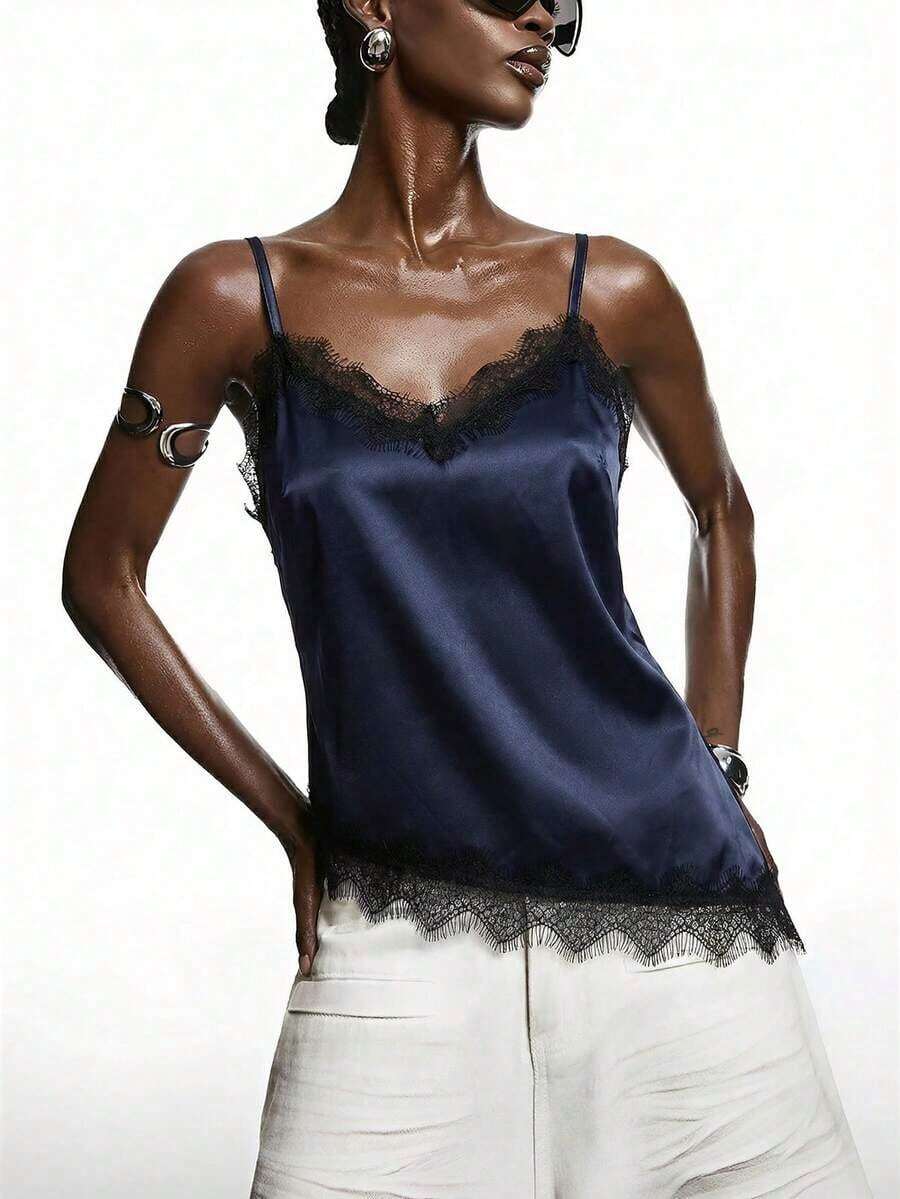 2026 Nueva Blusa Minimalista de Primavera para Mujer de Satén Color Albaricoque con Encaje, Elegante Camisola con Ribete de Encaje, Adecuada para Primavera/Verano; Camisa Elegante, Adecuada para Fiestas, Primavera, Navidad, Año Nuevo, etc.; Elegante - Azul marino - Ver 1