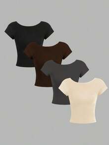 4 piezas Camisetas de mujer de cuello redondo, ajustadas, con espalda descubierta y diseño minimalista de patrones, adecuadas para el verano - Multicolor 7 - Ver 2