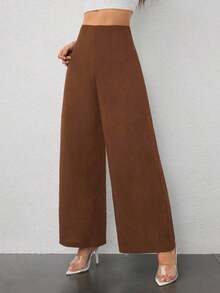 Pantalones de Pierna Ancha de Cintura Alta con Textura para Mujer, Estilo Casual y Sencillo, para la Temporada de Regreso a Clases y Uso Diario - Marrón - Ver 5