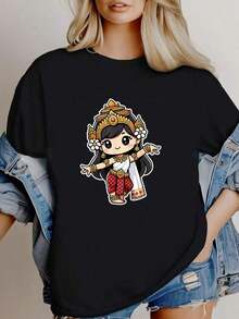 Camiseta de Mujer con Estampado de Apsara Khmer Camboyana, Linda, de Danza Tradicional, Estilo Vintage Lavado, Versátil, Casual, Ligeramente Suave, Gráfica, Unisex - Negro - Ver 7