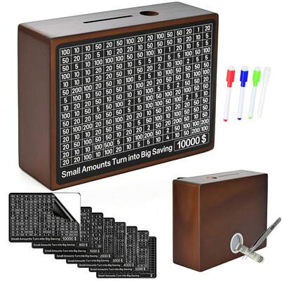 Wooden Money Saver Box 10000 With Dry Erase Tracker - $10K Savings Challenge For Adults And Cash Vault Piggy Bank Reusable Counter + 1000/5000/10000 Target Versions Money Savings Box Game.