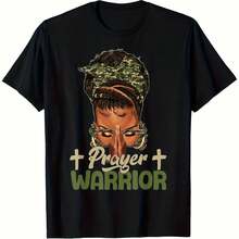Camiseta Gráfica 'Prayer Warrior' - Camiseta Elástica Unisex con Diseño de Camuflaje y Cruz, Tejido Grueso de 180g, Corte Regular, Cuello Redondo, Ropa Casual para Todas las Temporadas, Tallas S-XXXL, Diseño Atrevido, Mismo Estilo para Hombres y Mujeres, Camiseta Estampada de Manga Corta Verano 2026 - Negro - Ver 6