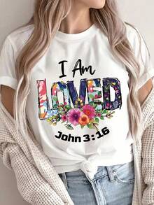 Women's Inspirational Polyester T-Shirt, "I Am Loved" Print (John 3:16), Casual Crew Neck, Short Sleeves, Breathable Knit Fabric, All-Season Comfort, 180 G/M² - Regular Fit - 白色 - 查看 7