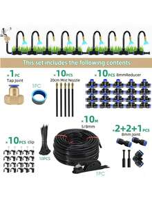 Kit de riego automático, hecho de plástico duradero, incluye cabezales de rociador de niebla fina y sistema de riego, adecuado para enfriar y regar jardines, huertos, granjas y invernaderos - Kit de riego para jardín - Ver 13