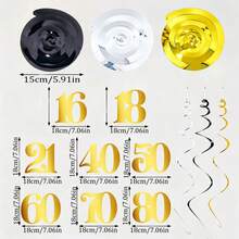 4 Conjuntos Decoração Pendente Espiral Preto e Dourado para Aniversário, Suprimentos de Decoração para Festa de Aniversário de 16/18/21/30/40/50/60/70/80 Anos - multicolorido - Visão 7