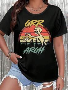 Camiseta negra de talla grande para mujer con estampado URR  Retro, cuello redondo, estilo oversized, para salidas diarias, campamentos, conciertos, eventos de hip-hop, rock y rap. Estampado de puesta de sol, atuendo casual de verano para Halloween o uso diario. - Negro - Ver 1