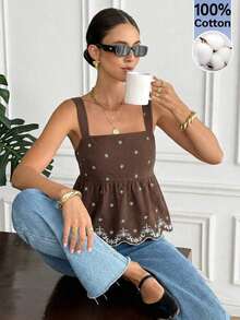 Camiseta de tirantes de mujer de 100% algodón con nuevo estampado floral marrón - Marrón - Ver 3