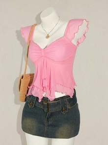 Top sin mangas con volantes, escote con pliegues, ajuste ceñido, parches de malla sexy, espalda con lazo, top casual de vacaciones - Rosa - Ver 3