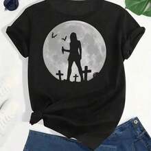 Camiseta Casual de Manga Corta con Cuello Redondo para Mujer, Primavera Verano Otoño, Tejido de Poliéster, Nuevo Diseño con Estampado de Retrato de Rosas, Transpirable y Cómoda - Negro 6 - Ver 1