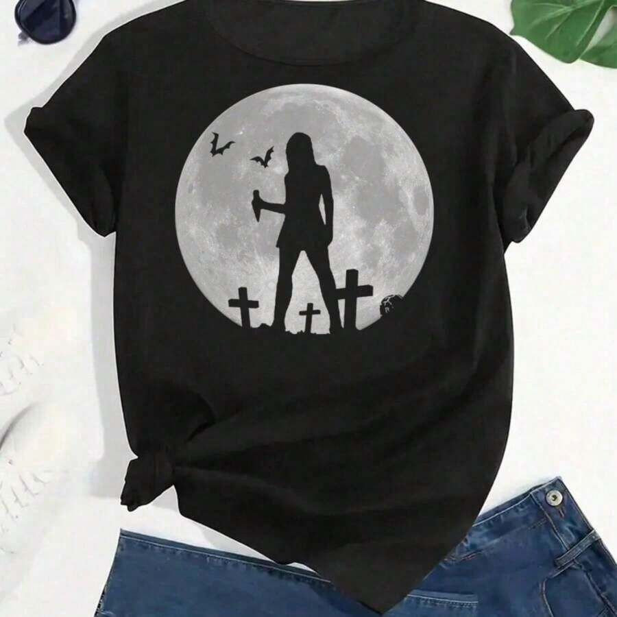 Camiseta Casual de Manga Corta con Cuello Redondo para Mujer, Primavera Verano Otoño, Tejido de Poliéster, Nuevo Diseño con Estampado de Retrato de Rosas, Transpirable y Cómoda - Negro 6 - Ver 1