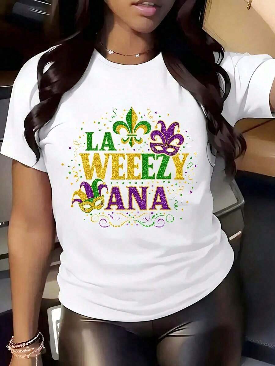 Camiseta de Cuello Redondo para Mujer La Weezy Ana con Estampado de Máscara de Flor de Lis para Mardi Gras, Fiesta, Celebración, Festival - Estilo Vintage Urbano Unisex, Camiseta de Manga Corta de Algodón Suelto con Cuello Redondo. - Blanco - Ver 1