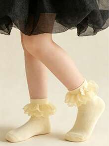 1 par de calcetines de malla de algodón de unicolor para niñas con doble volante de encaje, calcetines para fiestas de baile - Amarillo - Ver 8