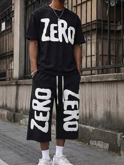  Fractyr Men's Black Letter Print Loose T-Shirt With Frayed Hem And Drawstring Shorts Set, Summer Outfit, Comfortable And Breathable, Suitable For Summer Wear