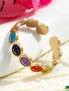 1枚彩色花朵笑脸可调节开口戒指，甜美时尚的女士配饰 - 彩色 - 查看 4