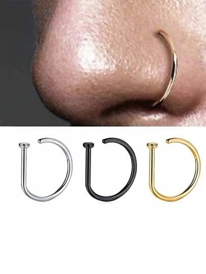 VJS 1pc/3pcs/5pcs Women/Girls Fake Nose Ring, Gold Stainless Steel D-Shape, Minimalist American Style, Personalized Letter, Hip Hop Street Style, Piercing-Free Accessory, Fake Nose Stud, 0.8*8mm