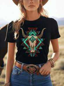 Women's Casual Short-Sleeved T-Shirt With Geometric Skull Print And Round Neck - Women's Clothing, Comfortable Fit, Classic Design - Basic And Versatile. - 白色 - 查看 6