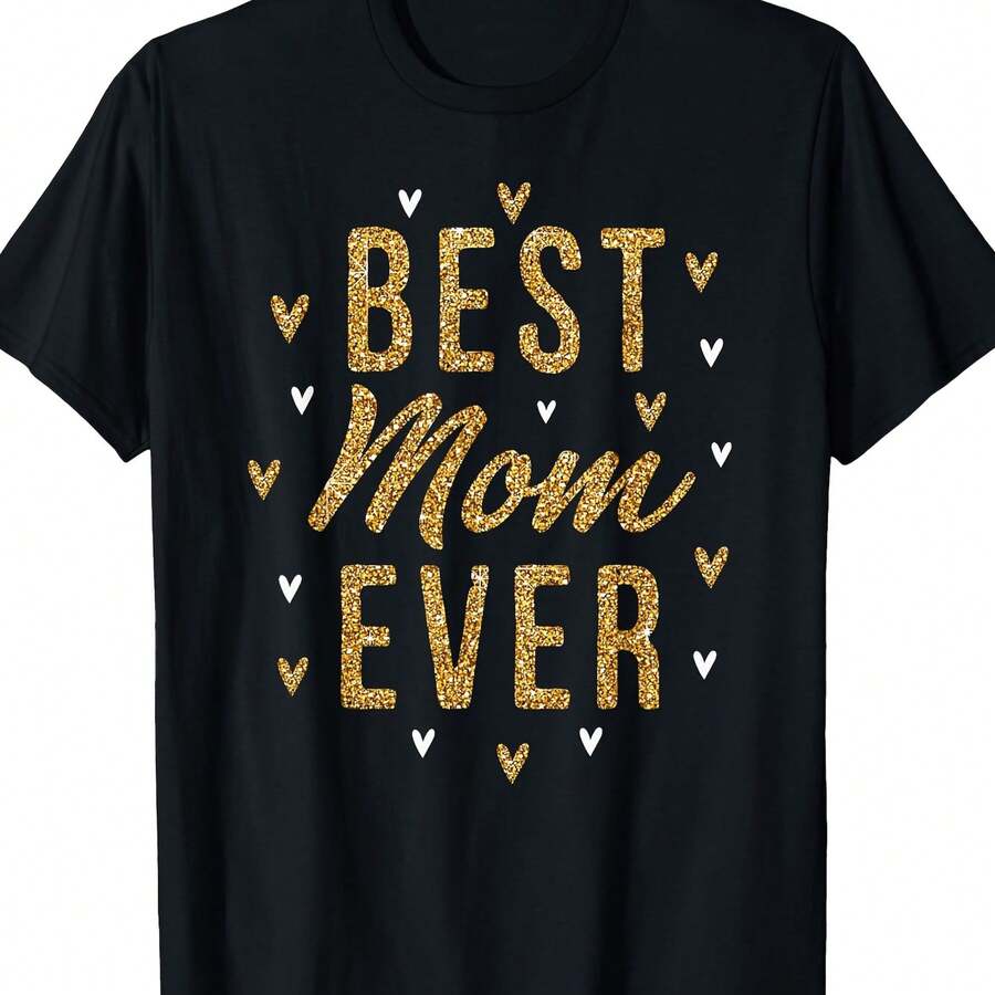 Wclothesld's Best Mom T-Shirt - Clothes With Shiny Gold Heart Print, Clothes Soft And Comfclothestable Clothes, Shclothest Sleeve Round Neck Fclothes Women, Mother's Day Gift, Mom Shirts, Shiny Heart Clothes, Relaxed Fit - 黑色 - 查看 1