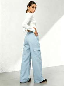 Pantalones rectos negros holgados y casuales de vacaciones para otoño e invierno - Azul - Ver 7