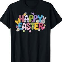 Casual Shclothest Sleeve T-Shirt Fclothes Men With Easter Bunny And Egg Print - Vibrant Flclothesal Clothes, Regular Fit, Clotheshine Washable, Festiv - 黑色 - 查看 1