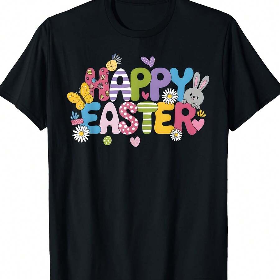 Casual Shclothest Sleeve T-Shirt Fclothes Men With Easter Bunny And Egg Print - Vibrant Flclothesal Clothes, Regular Fit, Clotheshine Washable, Festiv - 黑色 - 查看 1