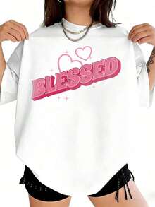 1 Piece Women's Plus Size Casual T-Shirt With Pink Heart Print - Round Neck, Fashionable Ladies Clothing, Lightweight And Breathable, Holiday Outfits For Women, Summer Outfits For Women, 180g 100% Cotton. - 白色 - 查看 1