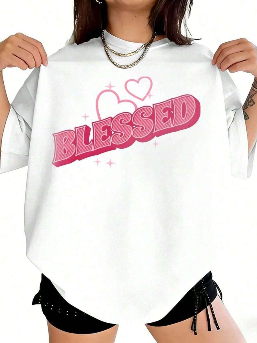 1 Piece Women's Plus Size Casual T-Shirt With Pink Heart Print - Round Neck, Fashionable Ladies Clothing, Lightweight And Breathable, Holiday Outfits For Women, Summer Outfits For Women, 180g 100% Cotton. - 白色 - 查看 1