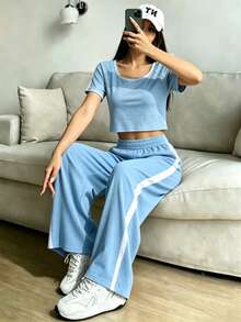 Conjunto De Top Corto De Manga Larga Y Pantalón Para Mujer Con Diseño De Bloques De Color - Celeste - Ver 2