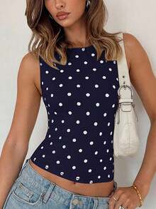 Blusa sin mangas de lunares para mujer, casual, sexy y de moda, adecuada para la calle, fiestas y salir de noche en verano, color blanco - Azul marino - Ver 1