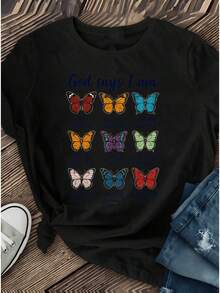 Camiseta deportiva casual para mujer con diseño colorido de mariposa y texto - Camiseta negra elástica de cuello redondo, lavable aáquina, de ajuste cómodo para todas las estaciones. Prenda de ocio con temática de mariposas y tejido opaco. - Negro - Ver 6