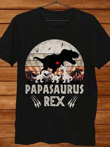 Camiseta Gráfica Papasaurus Rex para Hombre - Un divertido diseño familiar con temática de dinosaurios, camiseta casual negra de manga corta con ilustración de corazón y dinosaurio, perfecta para un uso relajado. - Negro - Ver 1