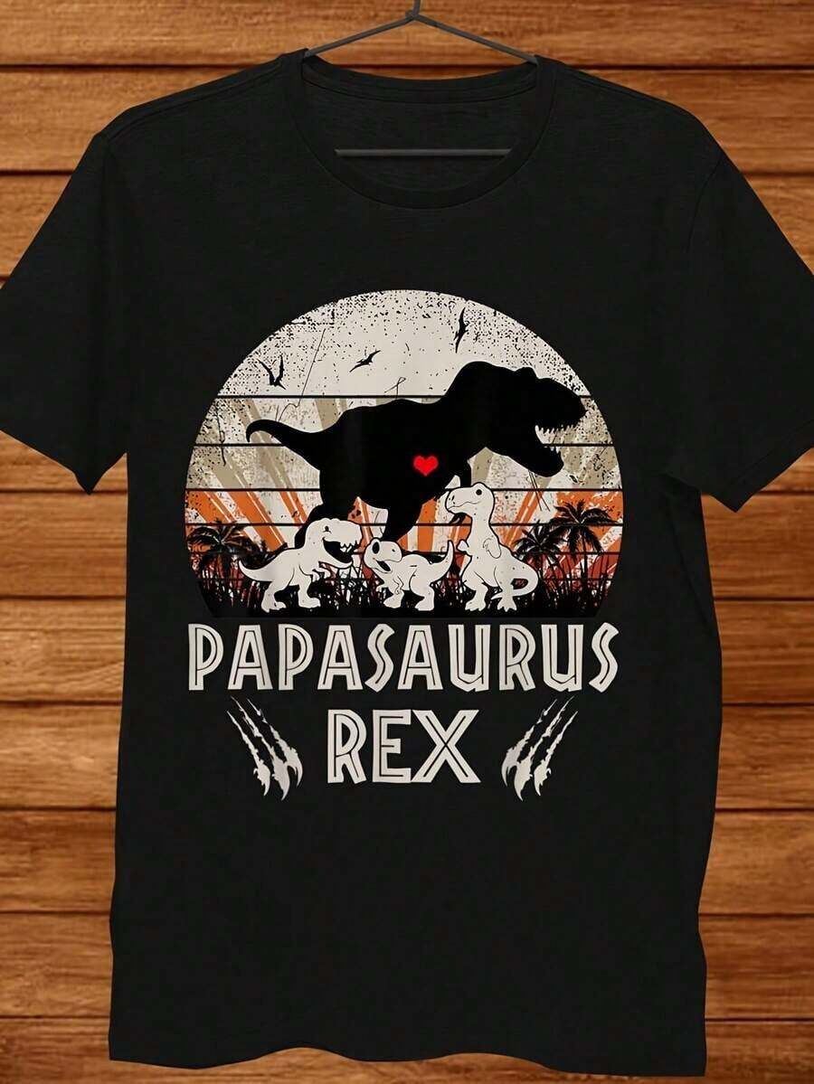 Camiseta Gráfica Papasaurus Rex para Hombre - Un divertido diseño familiar con temática de dinosaurios, camiseta casual negra de manga corta con ilustración de corazón y dinosaurio, perfecta para un uso relajado. - Negro - Ver 1