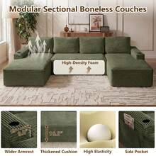 133.4'' U-Shape Modular Cloud Corduroy Sofa Sectional Couch For Living Room Boneless Couch With Cup Holders & Storage Pockets No Assembly Needed,Boneless Sectional Couch Loveseat Couch Vacuum-Sealed Compression Sofa - Màu xanh lá cây, hình chữ U, dài 133,4 inch. - Xem 10