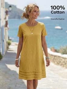 Vestido casual de mujer de manga corta, cuello redondo, unicolor, holgado y de largo medio, para verano - Amarillo - Ver 1